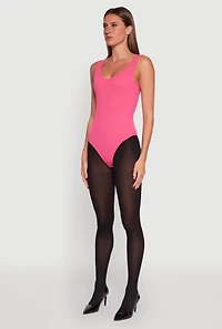 Womens Ribbed Knit Seamless Scoop Neck Sleeveless Bodysuit, Pink, Size S-M