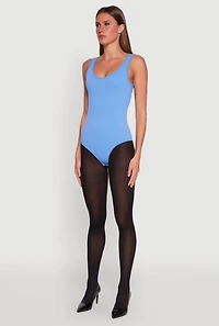 Womens Ribbed Knit Seamless Scoop Neck Sleeveless Bodysuit, Blue, Size M-L