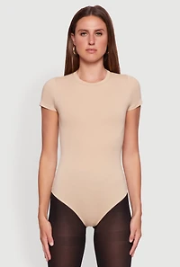 Womens Crew Neck Short Sleeve Bodysuit, Beige, Size M