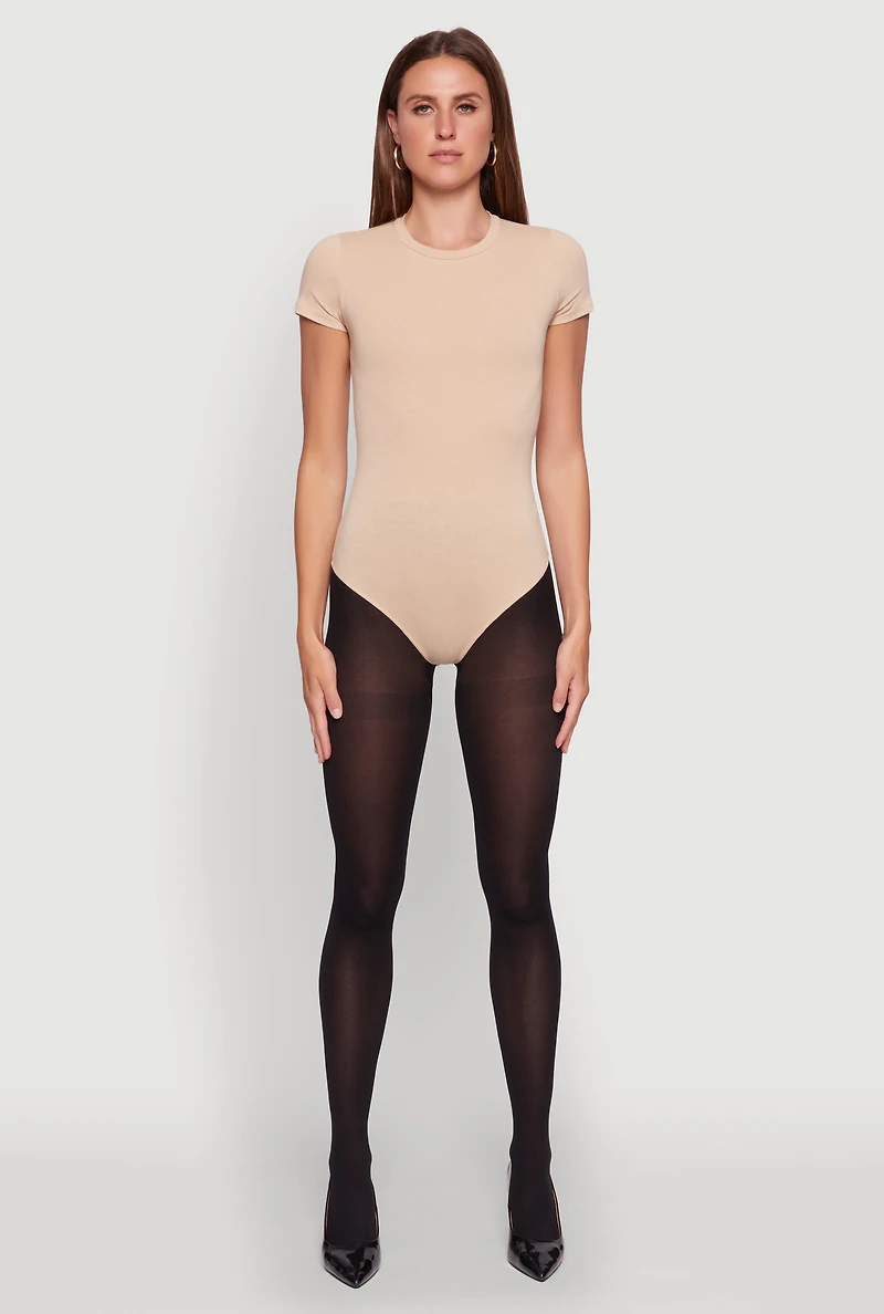 Womens Crew Neck Short Sleeve Bodysuit, Beige, Size M