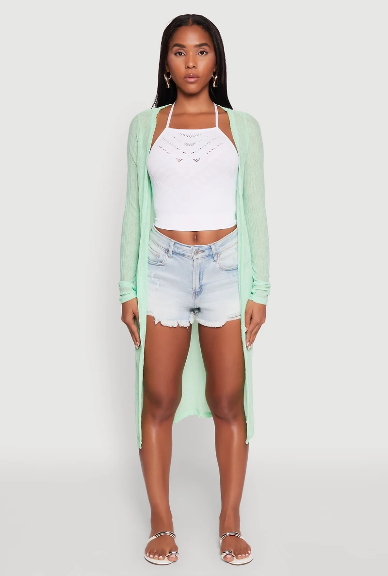 Womens Gauze Knit Long Sleeve Duster, Green,