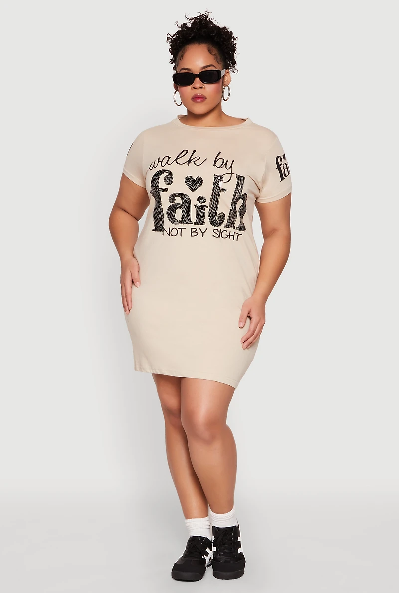 Womens Plus Size Sequin Walk By Faith Graphic Dress, Beige, Size 1X