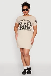 Womens Plus Size Sequin Walk By Faith Graphic Dress, Beige, Size 1X