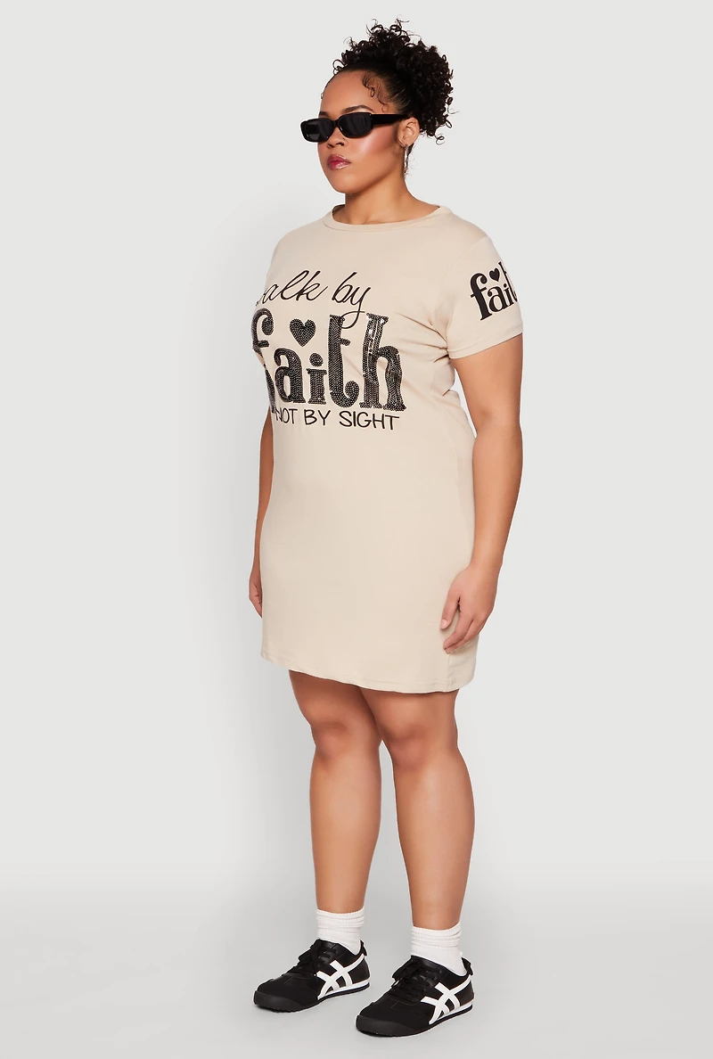 Womens Plus Size Sequin Walk By Faith Graphic Dress, Beige, Size 1X