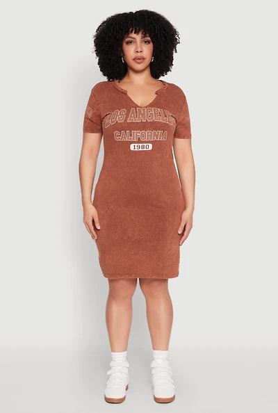 Womens Plus Size Los Angeles California 1980 T Shirt Dress, Brown, Size 1X