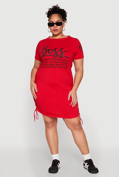 Womens Plus Size Drawstring Hem Glitter Boss Graphic Dress, Red, Size 2X