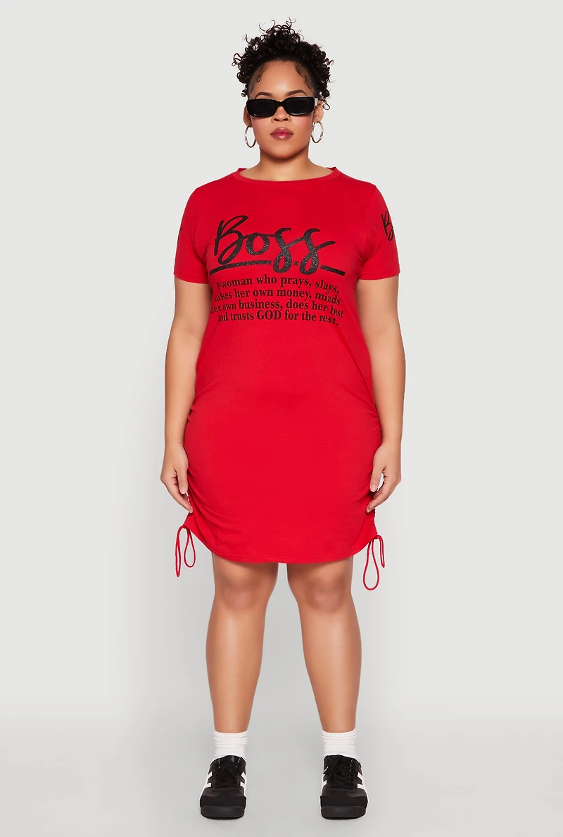 Womens Plus Size Drawstring Hem Glitter Boss Graphic Dress, Red, Size 1X