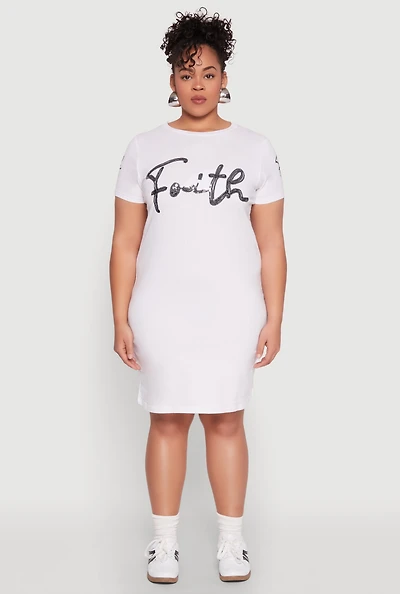 Womens Plus Sequin Faith Graphic Dress, White,