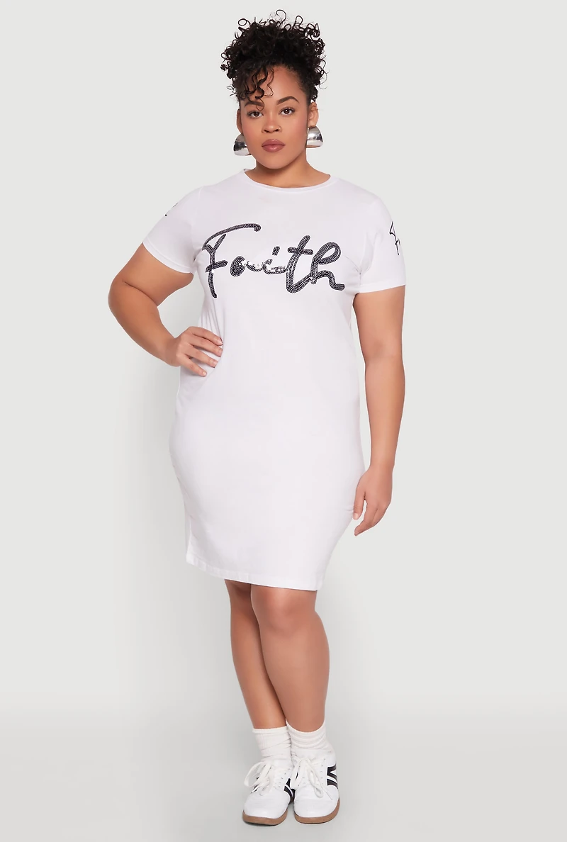 Womens Plus Size Sequin Faith Graphic Dress, White, Size 1X