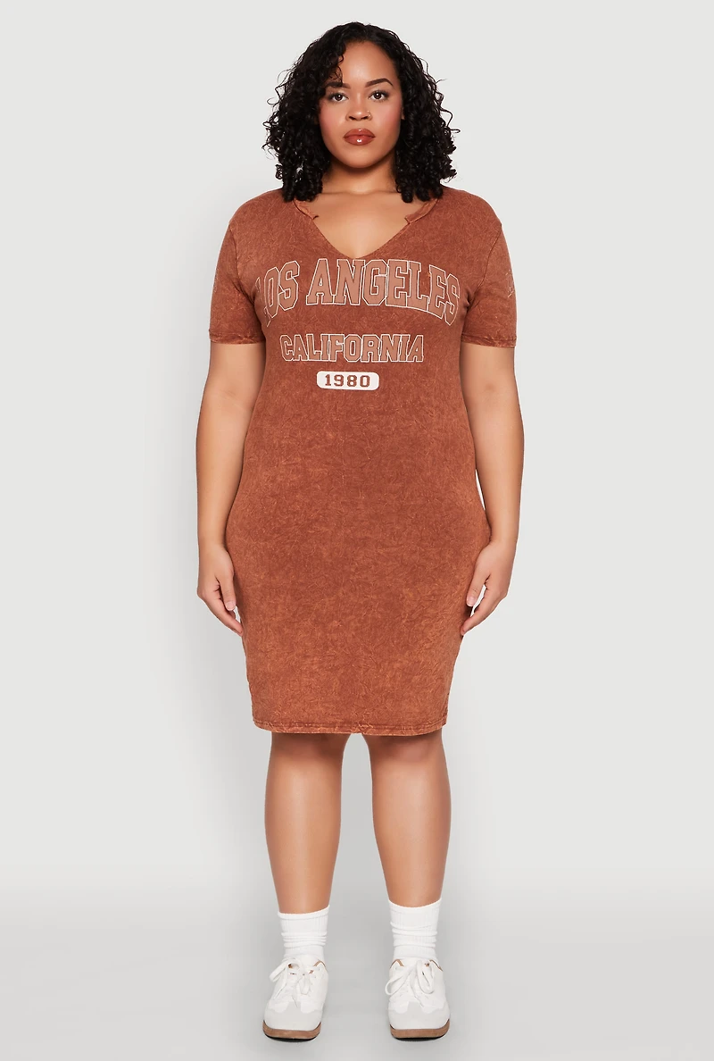 Womens Plus Size Mineral Wash Los Angeles Graphic Print Dress, Brown, Size 2X