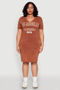 Womens Plus Size Mineral Wash Los Angeles Graphic Print Dress, Brown, Size 2X