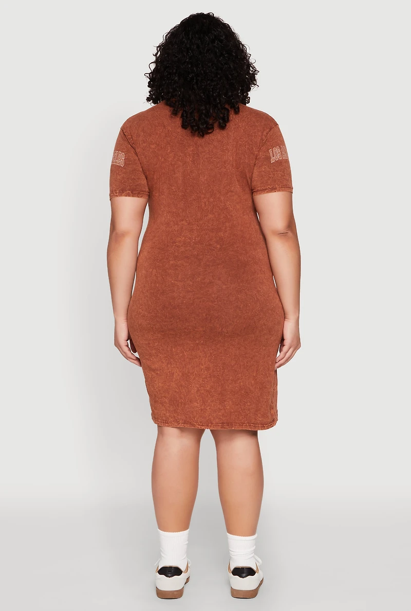 Womens Plus Size Mineral Wash Los Angeles Graphic Print Dress, Brown, Size 2X