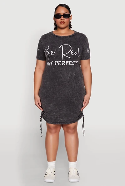 Womens Plus Size Be Real Not Perfect Ruched T Shirt Dress, Grey, Size 2X