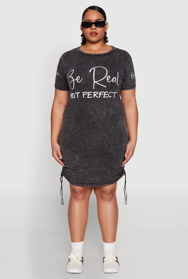Womens Plus Size Be Real Not Perfect Ruched T Shirt Dress, Grey, Size 1X