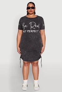 Womens Plus Size Be Real Not Perfect Ruched T Shirt Dress, Grey, Size 1X