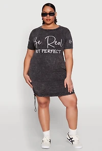 Womens Plus Size Be Real Not Perfect Ruched T Shirt Dress, Grey, Size 1X