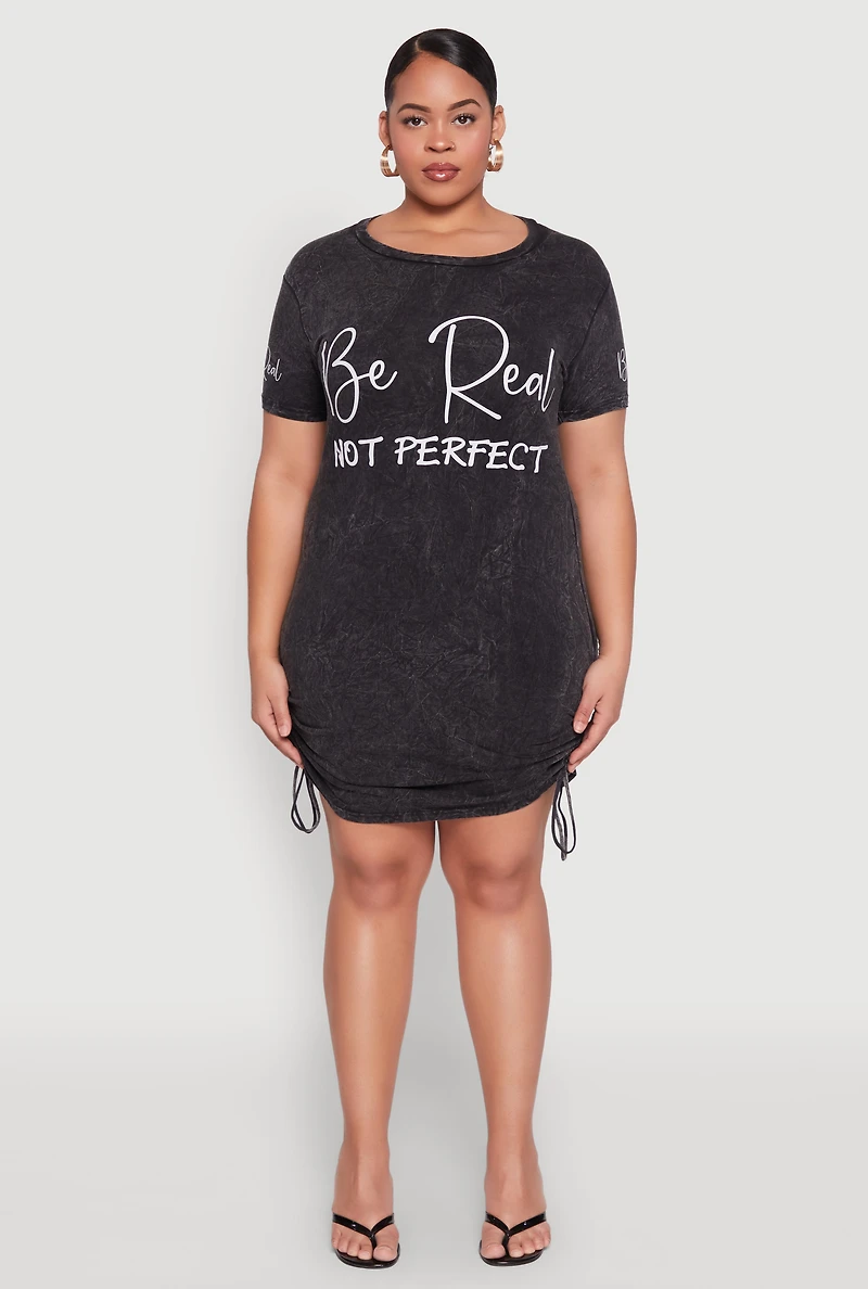 Womens Plus Size Mineral Wash Be Real Not Perfect Dress, Black, Size 1X
