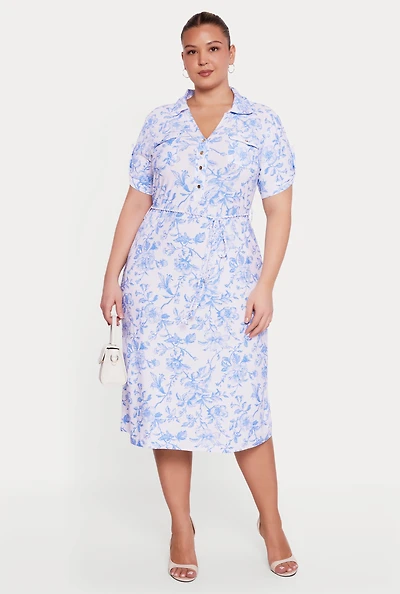 Plus Floral Print Tie Waist Belted Shirt Dress