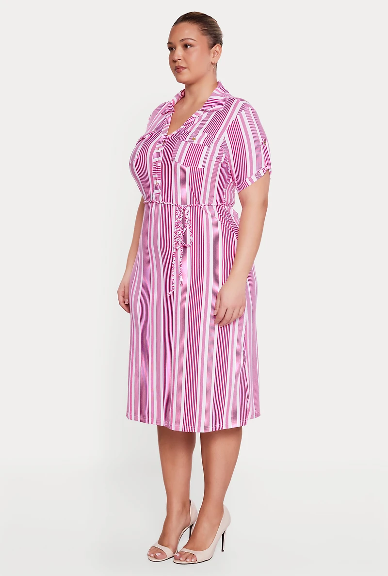 Plus Tie Waist Belted Striped Midi Shirt Dress