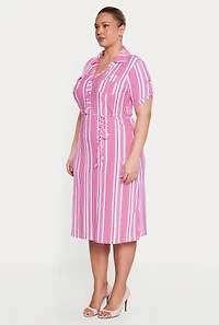 Plus Tie Waist Belted Striped Midi Shirt Dress