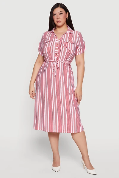 Plus Striped Tie Waist Belted Midi Shirt Dress