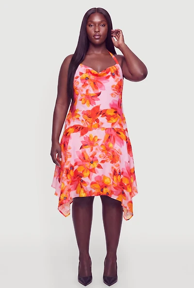 Plus Floral Cowl Halter Neck Sharkbite Hem Dress
