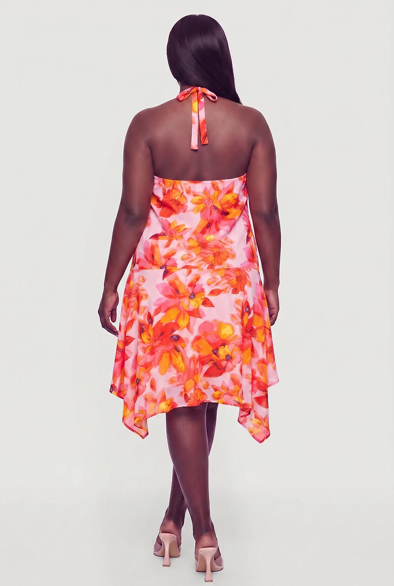 Plus Floral Cowl Halter Neck Sharkbite Hem Dress