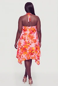 Plus Floral Cowl Halter Neck Sharkbite Hem Dress
