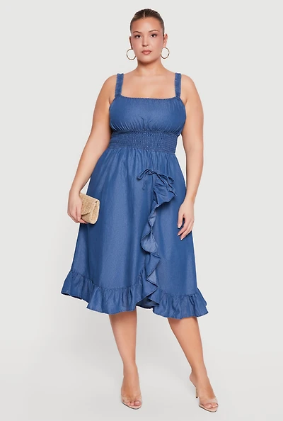 Plus Chambray Smocked Waist Ruffle Trim Midi Dress
