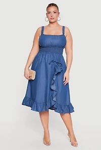 Plus Chambray Smocked Waist Ruffle Trim Midi Dress