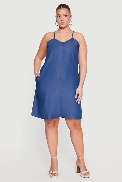 Plus Chambray Sleeveless Side Pocket Midi Dress