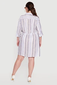 Plus Striped Tab Sleeve Shirt Dress
