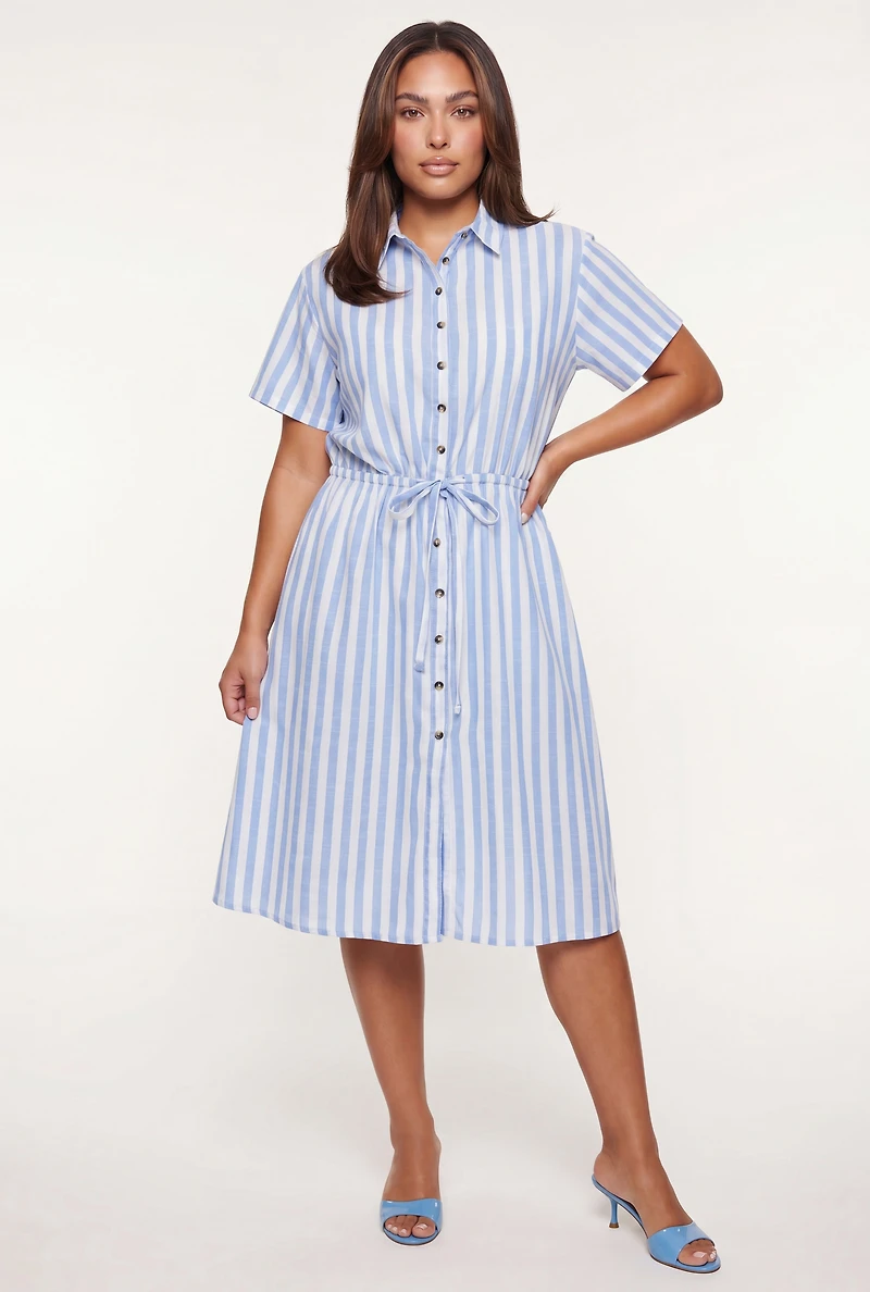 Plus Striped Tie Waist Button Front Shirt Dress