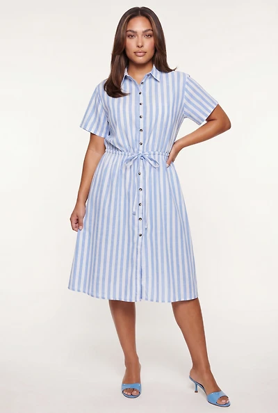 Plus Striped Tie Waist Button Front Shirt Dress