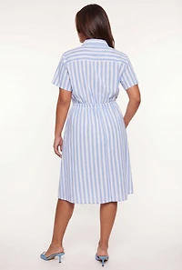Plus Striped Tie Waist Button Front Shirt Dress
