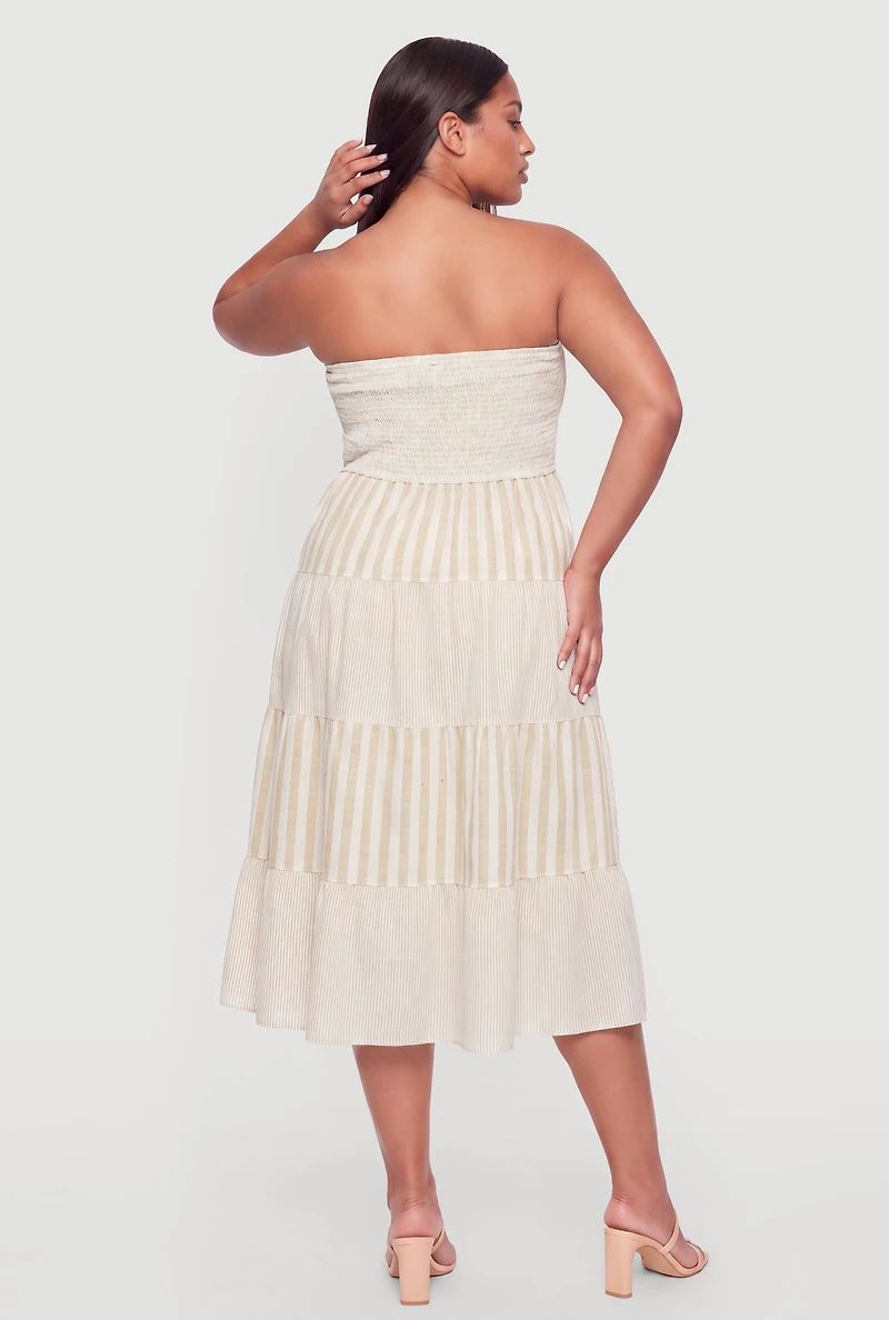 Plus Striped Smocked Tube Ruffle Tiered Midi Dress