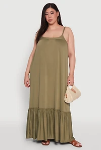 Womens Plus Size Crepe Knit Cami Dress with Flounce Hem and Braided Straps, Green, Size 3X