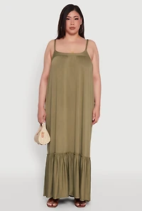 Womens Plus Size Crepe Knit Cami Dress with Flounce Hem and Braided Straps, Green, Size 4X