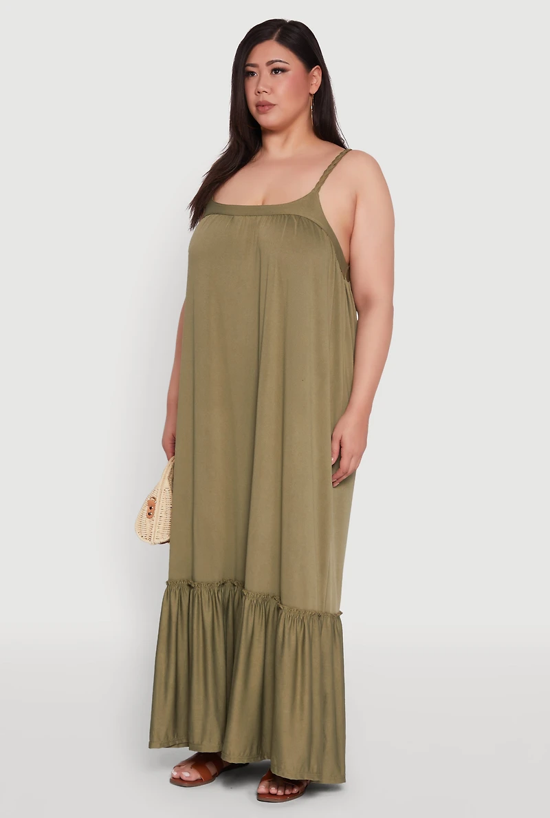 Womens Plus Size Crepe Knit Cami Dress with Flounce Hem and Braided Straps, Green, Size 3X