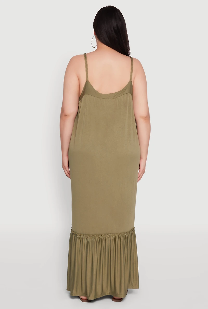 Womens Plus Size Crepe Knit Cami Dress with Flounce Hem and Braided Straps, Green, Size 3X