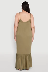 Womens Plus Size Crepe Knit Cami Dress with Flounce Hem and Braided Straps, Green, Size 3X