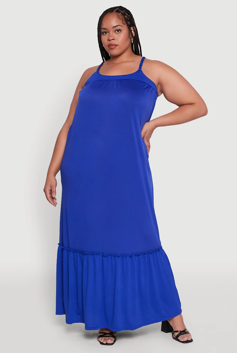Plus Crepe Knit Cami Dress with Flounce Hem and Braided Straps