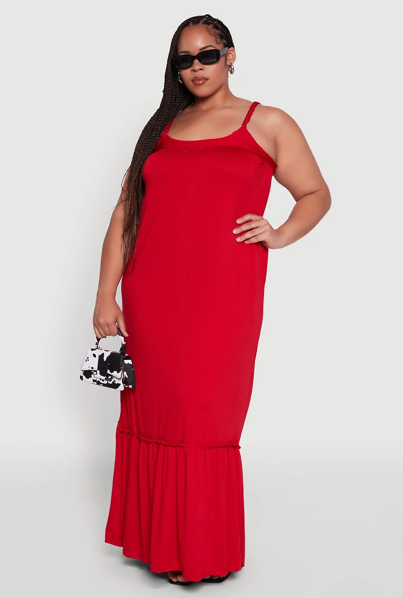 Plus Crepe Knit Cami Dress with Flounce Hem and Braided Straps