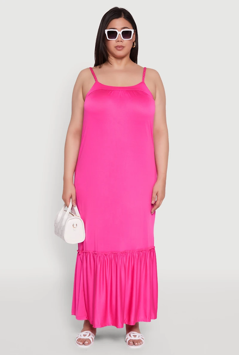 Plus Crepe Knit Cami Dress with Flounce Hem and Braided Straps