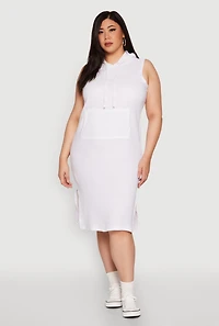 Womens Plus Size Kangaroo Pocket Hooded Tank Dress, White, Size 2X