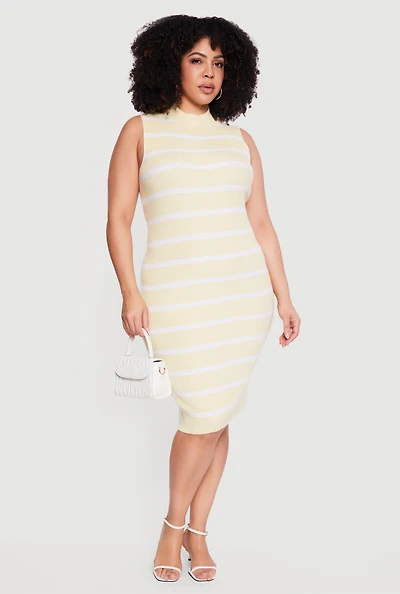 Plus Striped Rib Knit Sleeveless Mock Neck Midi Dress