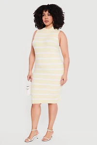 Plus Striped Rib Knit Sleeveless Mock Neck Midi Dress