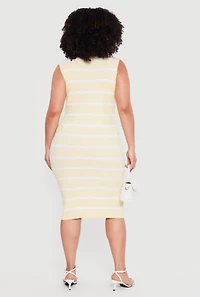Plus Striped Rib Knit Sleeveless Mock Neck Midi Dress