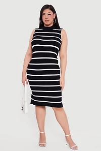 Plus Striped Rib Knit Sleeveless Mock Neck Midi Dress