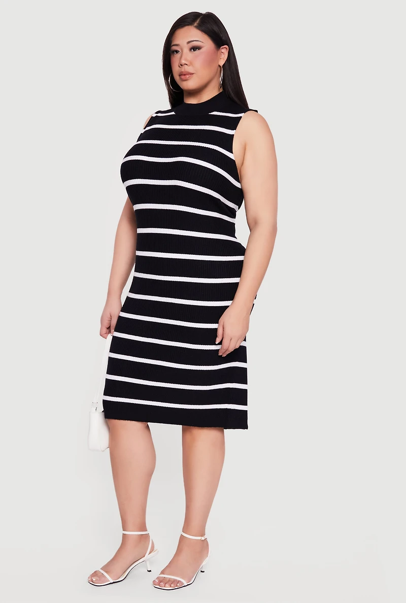 Plus Striped Rib Knit Sleeveless Mock Neck Midi Dress